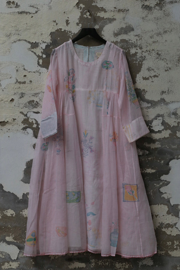 EKA 25 Spring/Summer Round Deep Neck Adjustable Spaghetti Strap Layered Pleated Dress EKA-SS/25/92/HEATHER-PINK